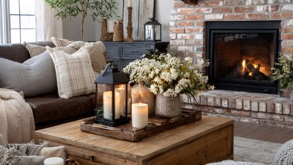 A warm cosy living room illustrating interior design trends in 2026