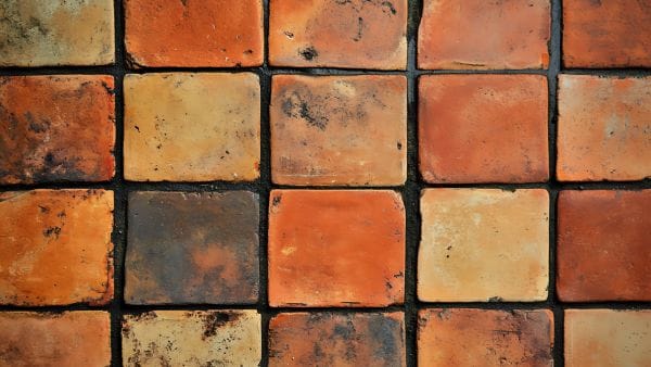 A section of wall covered in small square terracota tiles