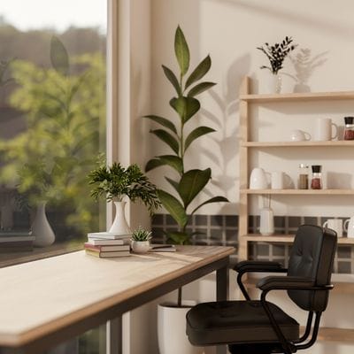 A small desk and chair overlooking a garden