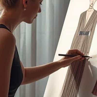 A woman studying fashion design sketches two dresses on a canvas, with a large potted plant to the left.