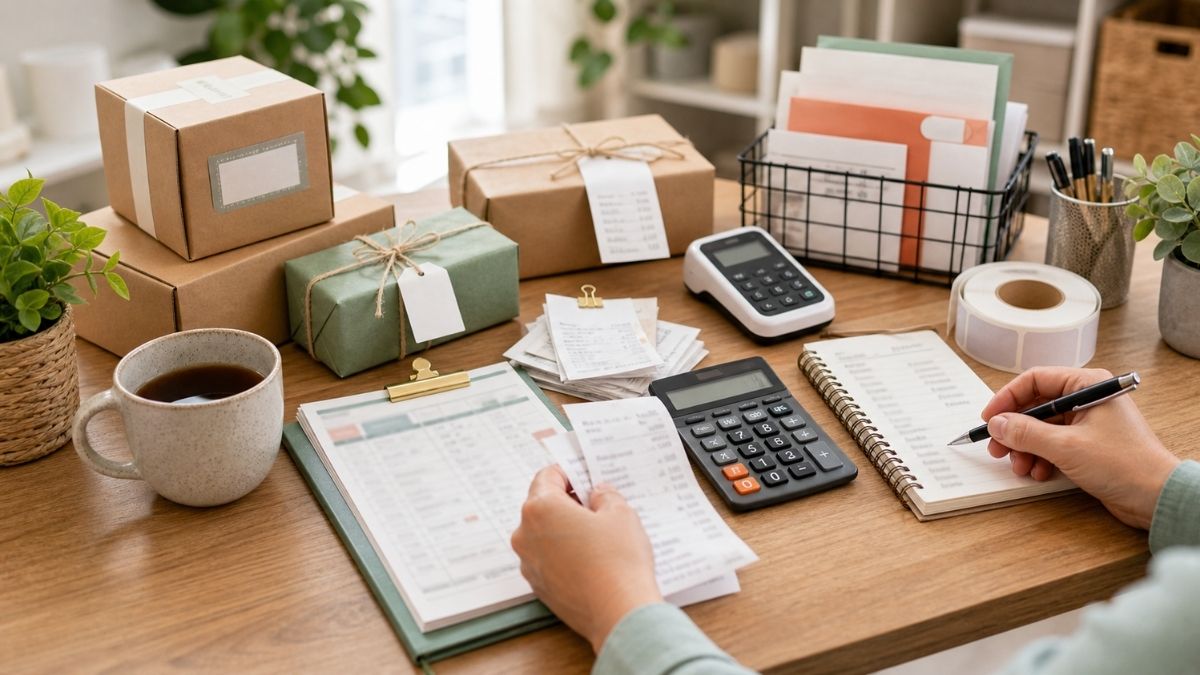 A person is calculating and writing down numbers on a notebook, surrounded by packages, receipts, calculators, coffee, and office supplies keeping records and pricing work to make money from your hobby
